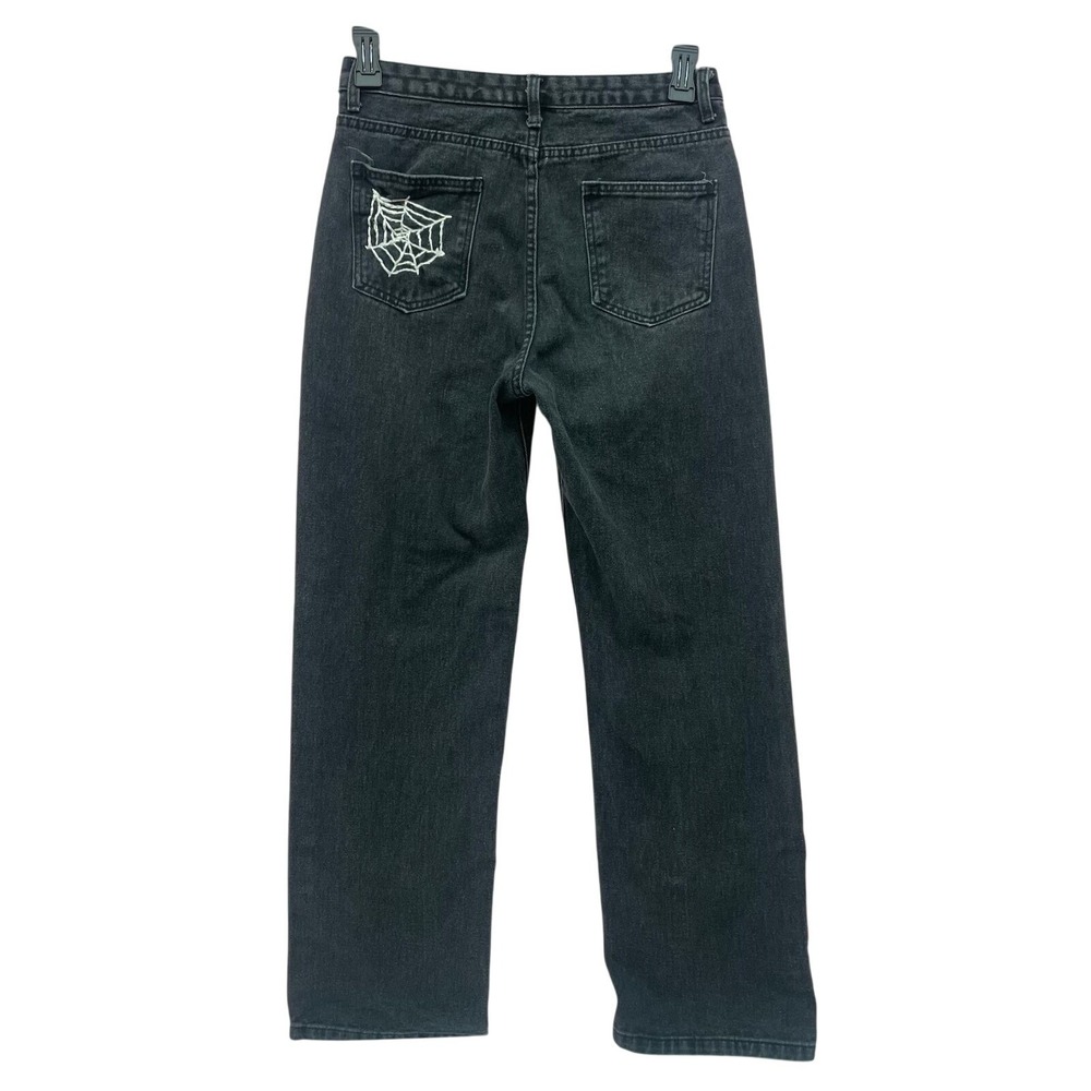 Y2K Grunge Distressed Black‎ Jeans Wide Leg Spider Web Goth 29x29